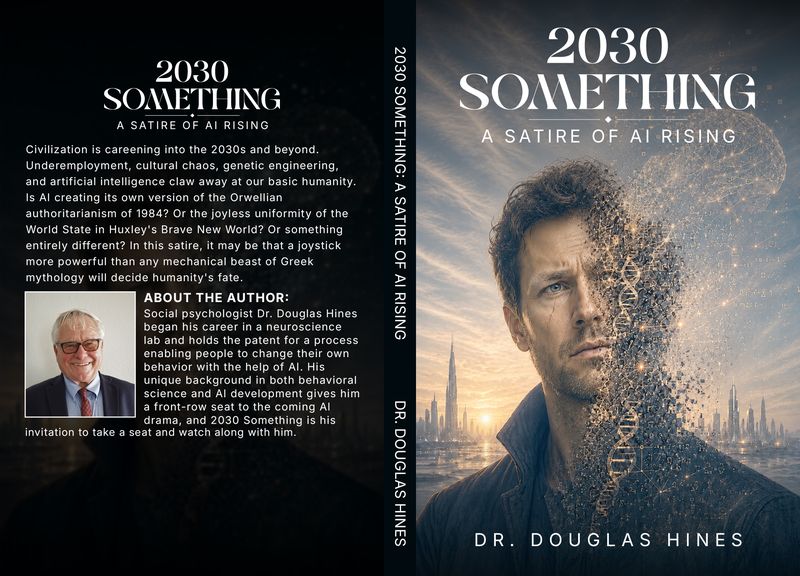 Full book jacket for 2030 Something: A Satire of AI Rising by Dr. Douglas Hines